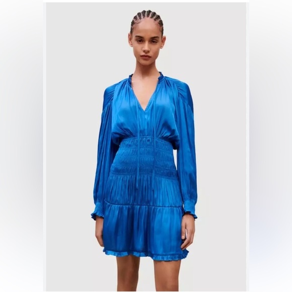 Maje Radji Smocked Satin Long Sleeve Mini Dress Size 34 US 2 Bright Blue - Picture 1 of 8